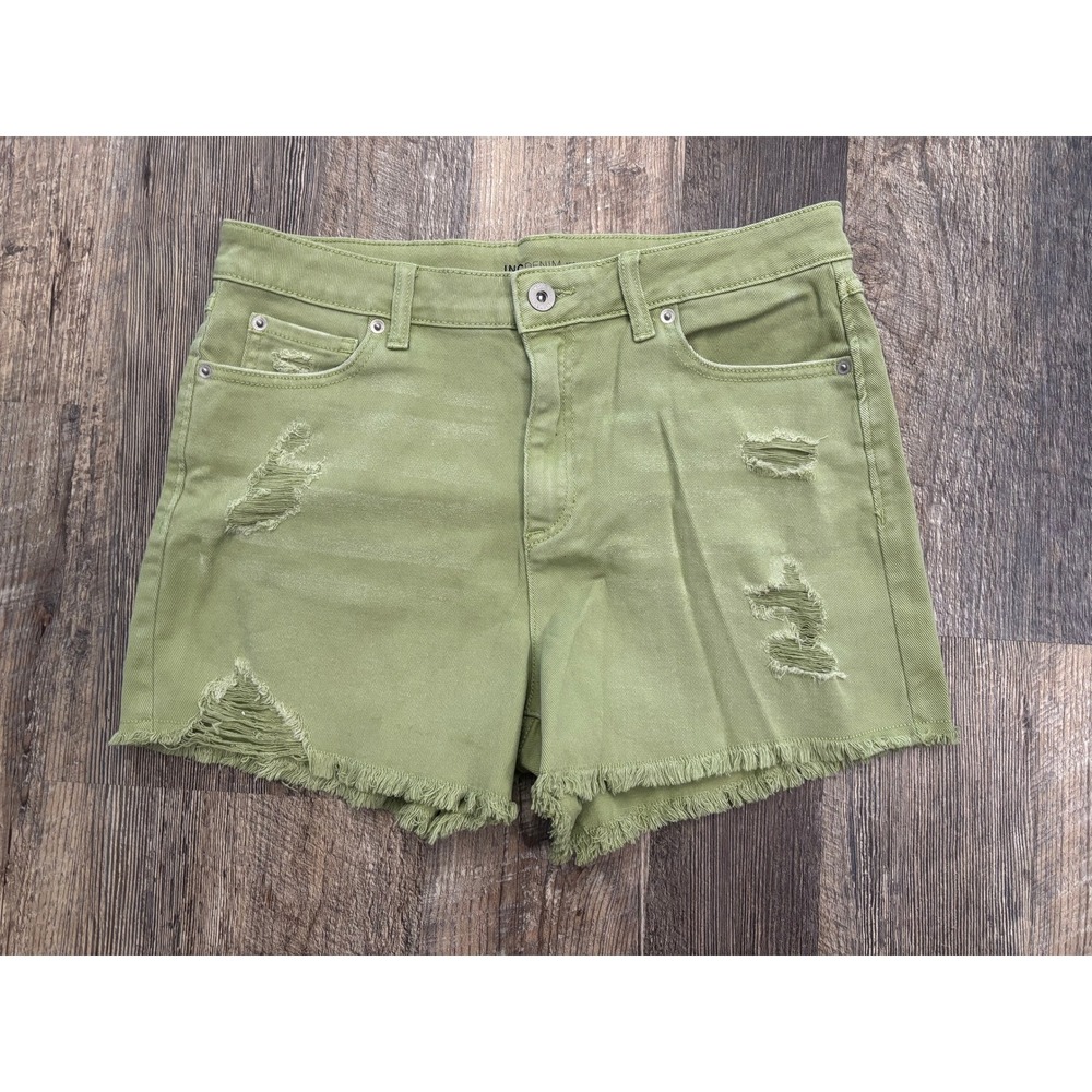 INC Denim Womens High Rise Distressed Shorts‎ Olive Green Frayed Hem Size 8